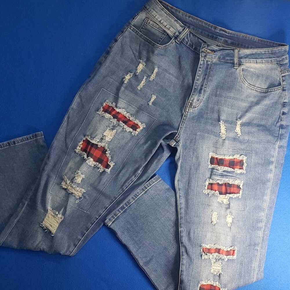 Women's Winter Christmas Jeans Printed Patch Ripped XL